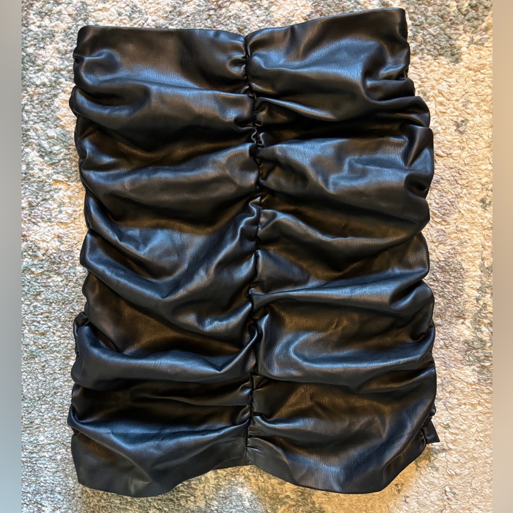 Zara Black Ruched Faux Leather Mini Skirt with Zipper, Size XS